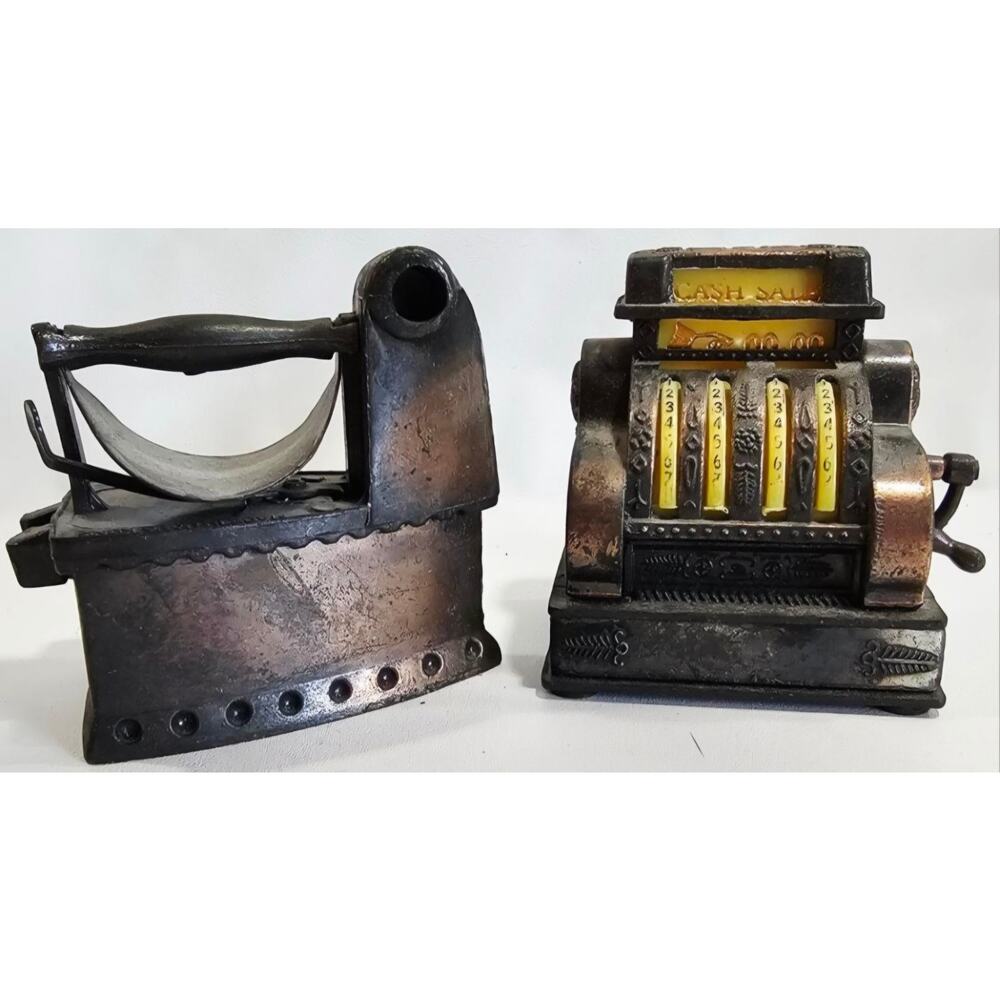 2 Vtg Miniature Die Cast Metal Pencil Sharpeners Iron & Cash Register Hong Kong